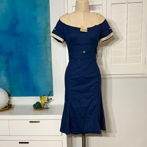 Acevog Blue Midi Dress with Cream Accents
